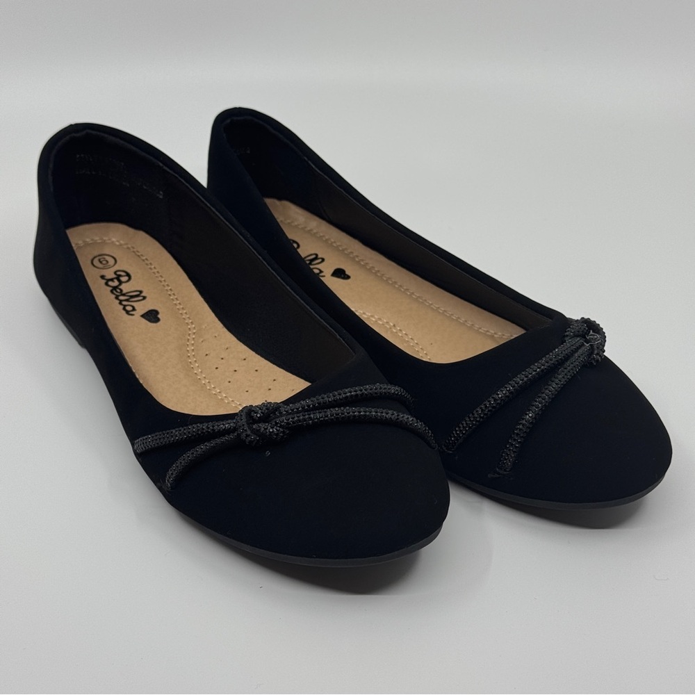 NEW Women’s Black Suede Ballet Flats – Size 6, Elegant Bow Detail